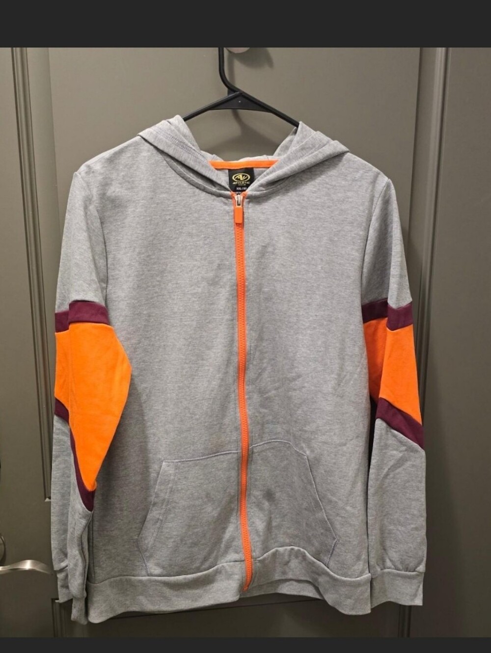 Gray Zip Hoodie with Orange & Burgundy Accents